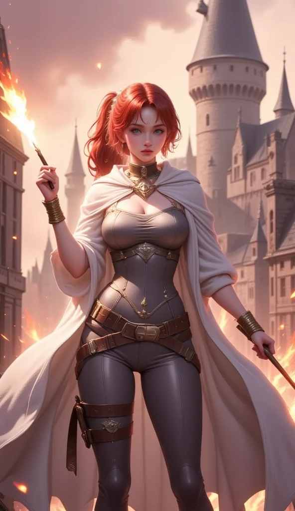 (masterpiece:1.4), extreamly detailed, perfect quality, portrait, a close up of a bard woman, Lohse, (redhead, shoulder length hair with a white strand of hair, silk pants with a wide linean belt, northen europe character, big tits, thick thighs, perfect abs, bard clothes, colorful clothes, dark fantasy character, blue eyes, upbeat and energetic, as well as sarcastic and good humored, floating in the dark labirinth), Artstation contest winner, fantasy art,concept art, lightning fantasy magic, epic exquisite character art, dark fantasy, female magician