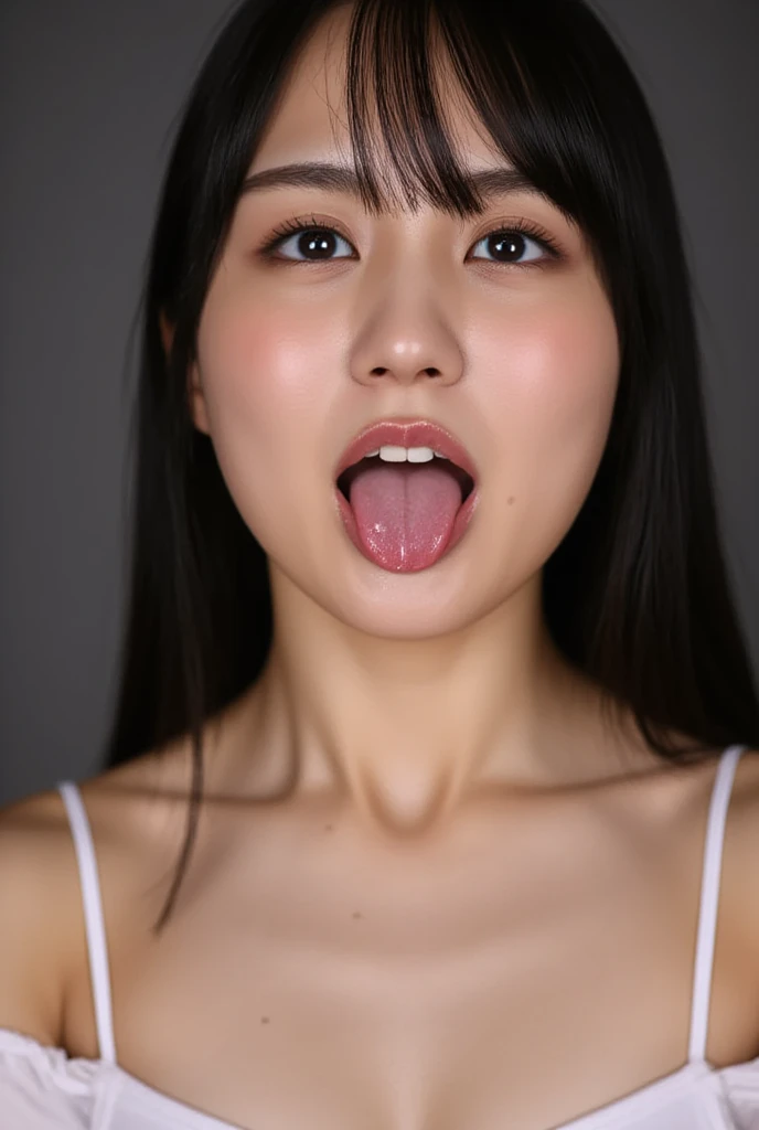 (High resolution:1.3), (8k, realistic, Raw photo, highest quality: 1.4), Japanese, (1 girl),beautiful face, (realistic face), (black hair, short hair:1.3), beautiful hairstyle, Bikini, (realistic skin), beautiful skin, Charm, 超High resolution, surreal, very detailed, golden ratio, In town,In townの人混み,from below,white small bikini,swimsuit,big breasts,mouth wide open,stick your tongue out,Nipples are transparent,small areola,oral sex,