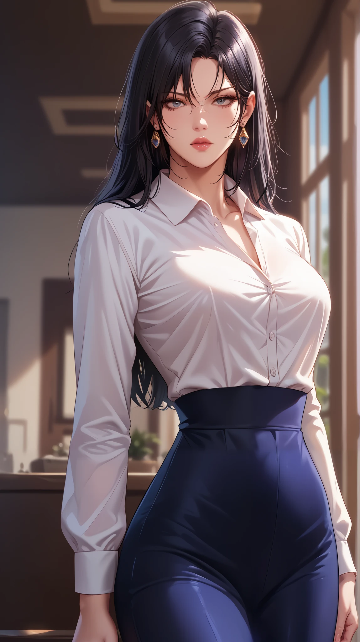 masterpiece, best quality, amazing quality, very beautiful, Absurd, latest, scenery, anatomically correct, 16k, UHD, accurate, expressive, {{1girl solo}}, illustration, masterpiece, ultra-detailed, {{detailed shading, detailed skin}}, {{realistic skin}}, BREAK, detailxl, female, long black hair, blue eyes, serious expression, tall, dress shirt, tucked sleeves, athletic body, foreboding room, from the waist up, dress pants,