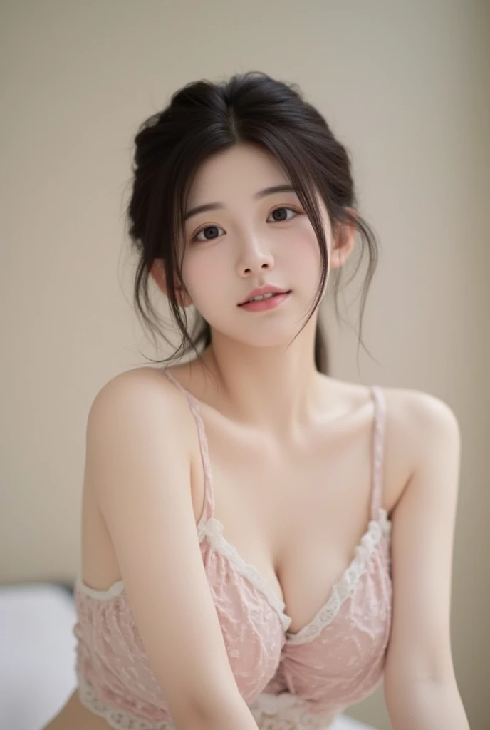 y Woman, Very deep blush, Red nose tip, Long neck,Medium Chest, Visible Cracks, Bedroom, Warm lighting , Lying in bed, Put your head on the pillow, look up、Open your eyes、Embarrassing