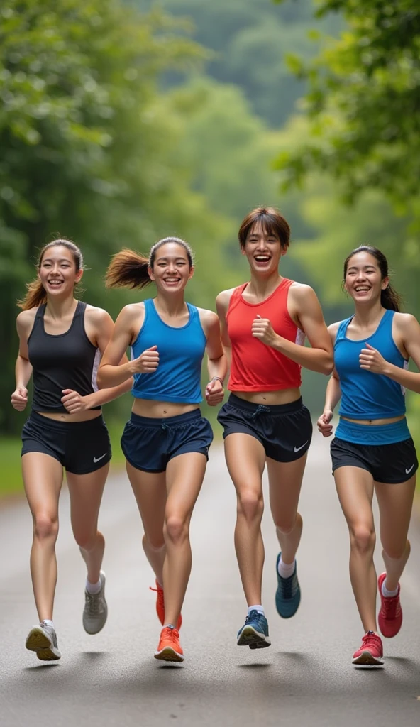 Group of attractive athletic early thirties asian female friends taking a photo together on hike wearing sports bras and shorts. Arms around each other. Smiling. Sweaty. Muscular arms