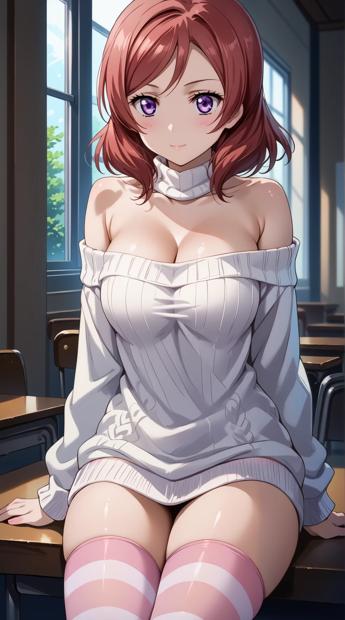 score_9, score_8_up, score_7_up, source_anime, 4K,perfect fingers,(perfect hands, perfect anatomy),prefect lighting, very aesthetic, intricate details,highly detailed background, masterpiece, high quality, best quality,
1girls,makinishikino, maki nishikino, short hair, purple eyes, red hair,((large breast)),
Wearing ((thighhighs, cleavage, bare shoulders, off shoulder, sweater, turtleneck, striped, striped thighhighs, white sweater, pink thighhighs, ))
sitting,