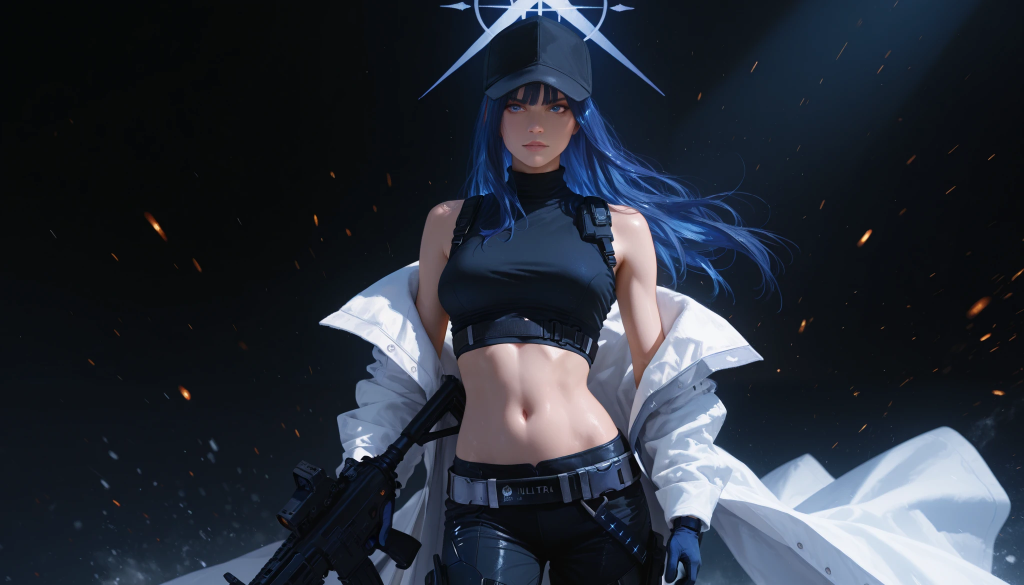 (((ultra realistic, photorealism, ultra detailed))) saori joumae , blue eyes , blue hair , halo , long hair , bare arms , bare shoulders , belt , black headwear , black pants , black shirt , blue gloves , crop top , gloves, midriff , navel, shirt , sleeveless, white coat, open coat, long sleeves, looking at viewer, action poses, holding assault rifle