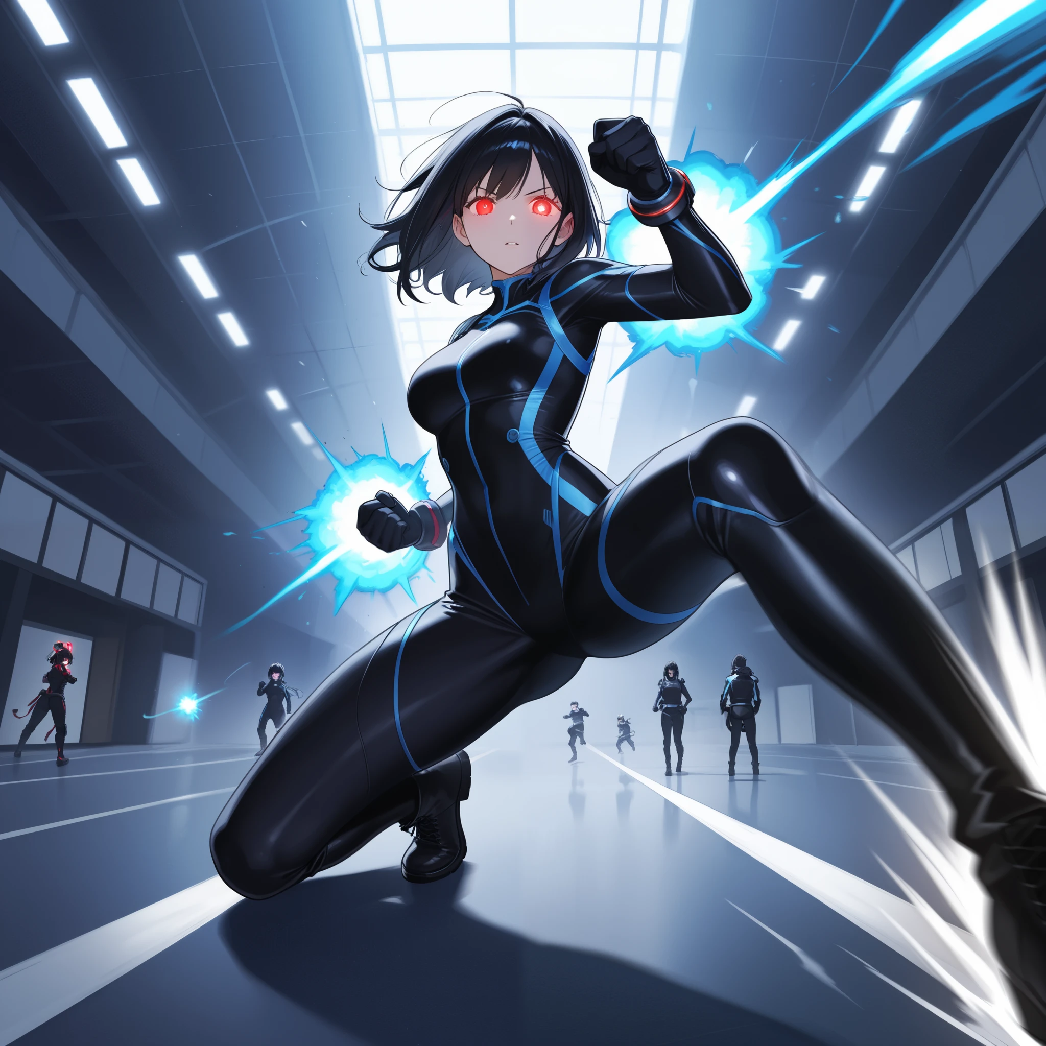 group battle、glowing eyes、motion blur、powerful energy blast、dynamic action pose、adult woman、one girl、black hair、short、White、Rider Suit、high leg、 Martial Arts、kick、battle、Fighting、effect、front、no highlights、looking at viewer、 beautiful feet、no expression、 dark、Villain、Blue Line、is tall、adults、aldult、boots、thigh、