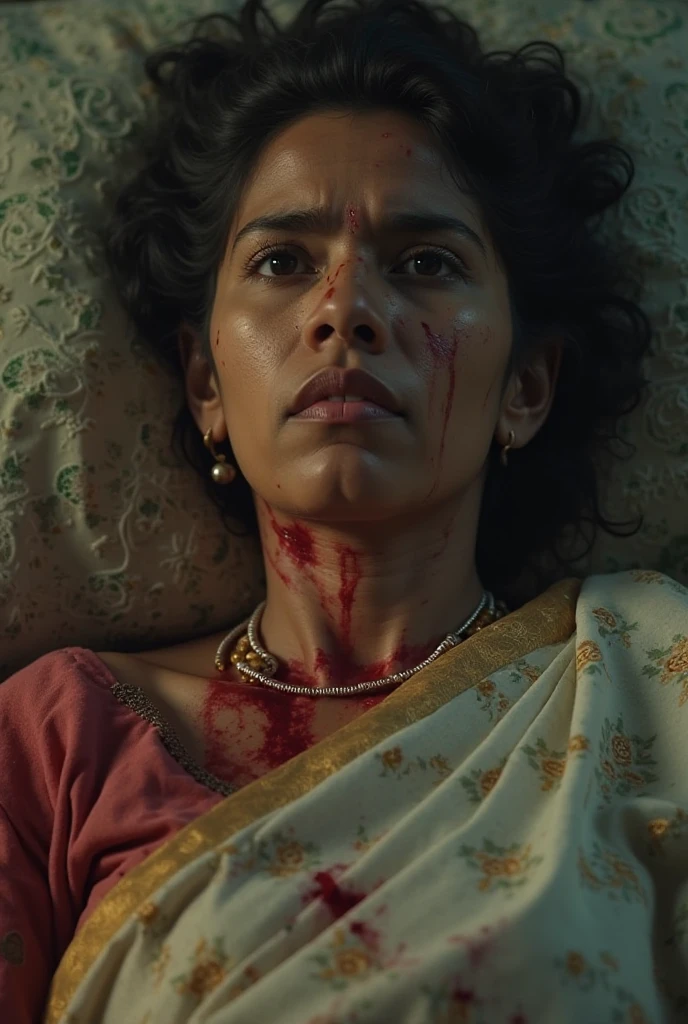 A indian lady wearing saree,being murder by stabbing laying dead on bed , a sharp knife cutting seen on throat blood spoted in the bed.Dim light in the room, Realistic image.