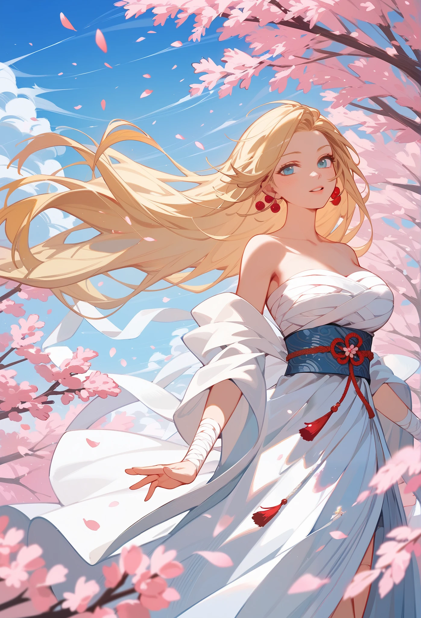(masterpiece, highest quality),askew kimono,Blonde Beautiful adult woman, bandages, Big breasts, sexy, Seductive images, blonde peach long hair,cherry blossom trees, flying, windy, ethereal, (ultra detailed), (cowboy shot)