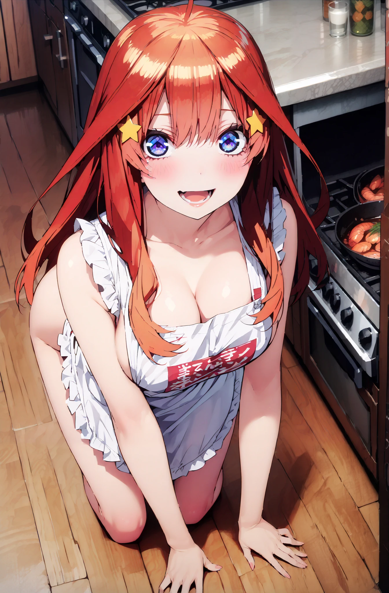 Nakano Mizuki , long hair, blue eyes, hair ornament, red hair, glass, stupid hair, star (  symbol ),  half-rimless glasses, rim under eyewear, star hair ornament,Big Breasts, The Valley of the Chest,smile,cover,open your mouth,is embarrassing,naked apron,Bare legs,bending forward,lift your chest with both hands,Beautiful cityscape,Beautiful Scenery,is standing,full bodyがillustrationに入るように,break indoors,kitchen,
break looking at viewer,full body,
break (masterpiece:1.2), best quality, high resolution, Unity 8k Wallpaper, (illustration:0.8), (beautiful detailed eyes:1.6), Highly Detailed Face,  so that it fits into the illustration, extremely detailed CG, (curved body, perfect anatomy from a shellfish),