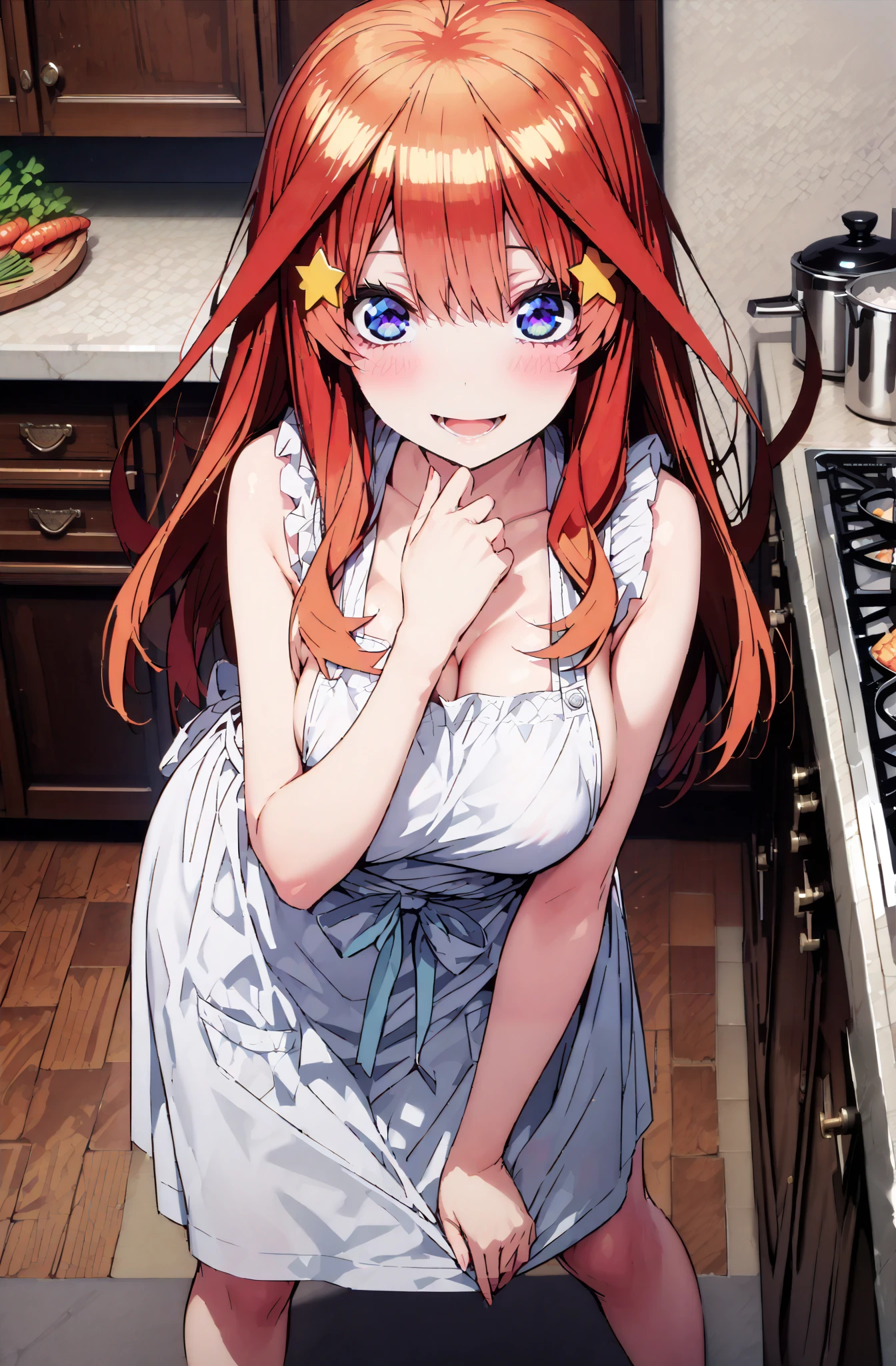 Nakano Mizuki , long hair, blue eyes, hair ornament, red hair, glass, stupid hair, star ( symbol ), half-rimless glasses, rim under eyewear, star hair ornament,Big Breasts, The Valley of the Chest,smile,cover,open your mouth,is embarrassing,naked apron,Bare legs,bending forward,lift your chest with both hands,Beautiful cityscape,Beautiful Scenery,is standing,full bodyがillustrationに入るように,break indoors,kitchen,
break looking at viewer,full body,
break (masterpiece:1.2), best quality, high resolution, Unity 8k Wallpaper, (illustration:0.8), (beautiful detailed eyes:1.6), very detailed face, so that it fits into the illustration, extremely detailed CG, (curved body, perfect anatomy from a shellfish),