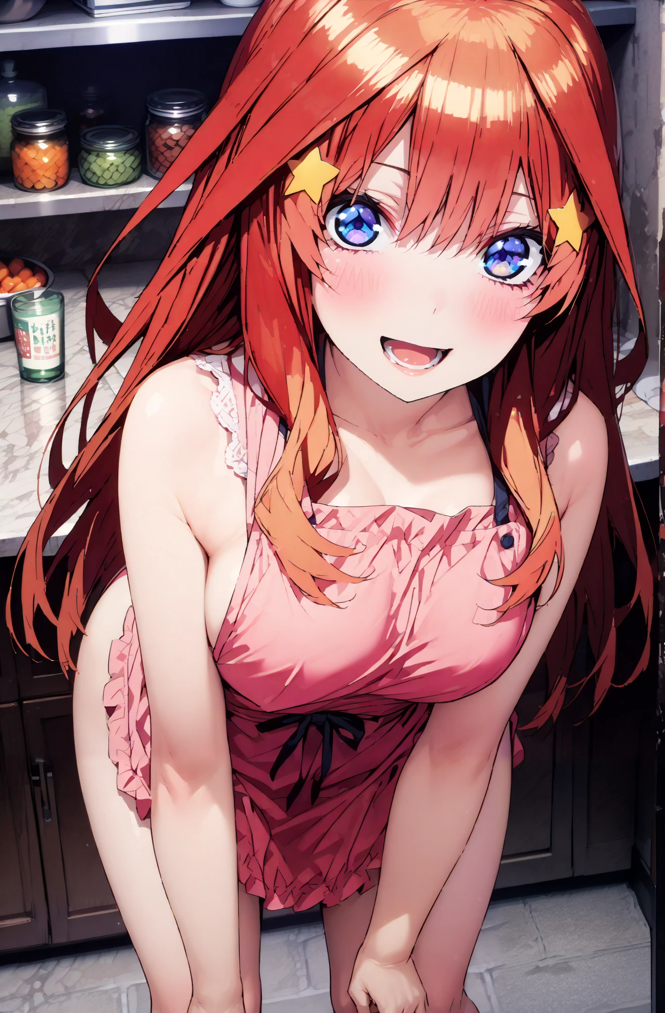 Nakano Mizuki , long hair, blue eyes, hair ornament, red hair, glass, stupid hair, star ( symbol ), half-rimless glasses, rim under eyewear, star hair ornament,Big Breasts, The Valley of the Chest,smile,cover,open your mouth,is embarrassing,naked apron,Bare legs,bending forward,lift your chest with both hands,Beautiful cityscape,Beautiful Scenery,is standing,full bodyがillustrationに入るように,break indoors,kitchen,
break looking at viewer,full body,
break (masterpiece:1.2), best quality, high resolution, Unity 8k Wallpaper, (illustration:0.8), (beautiful detailed eyes:1.6), very detailed face, so that it fits into the illustration, extremely detailed CG, (curved body, perfect anatomy from a shellfish),