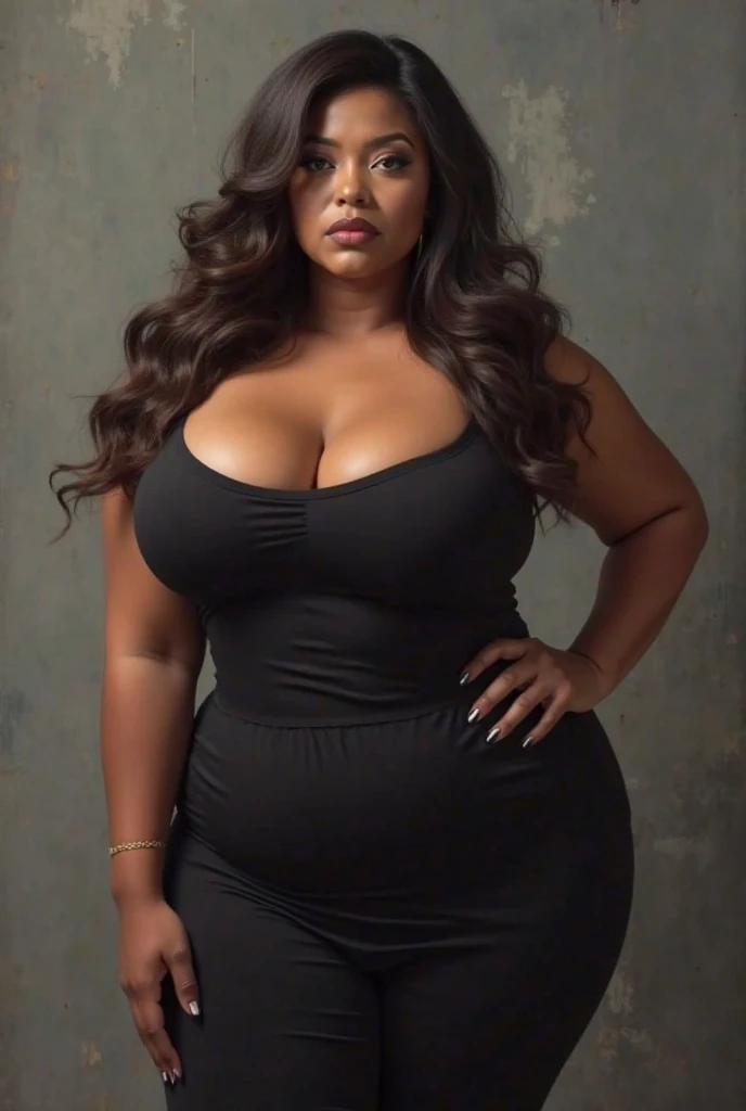Anime illustration of dark brown skin latina girl, 25 yesr old, plus size, curvy, overweight, dark brown eyes, black curly hair, big lips, anime, sleek design, side parted hairstyle, almond shaped eyes,