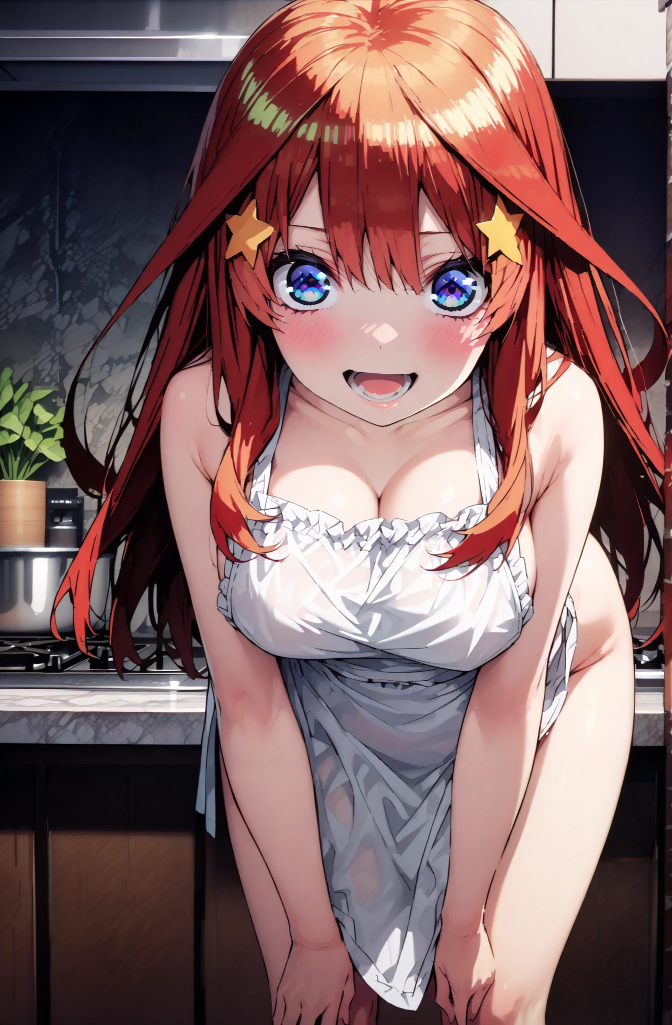 Nakano Mizuki , long hair, blue eyes, hair ornament, red hair, glass, stupid hair, star ( symbol ), half-rimless glasses, rim under eyewear, star hair ornament,Big Breasts, The Valley of the Chest,smile,cover,open your mouth,is embarrassing,naked apron,Bare legs,bending forward,lift your chest with both hands,Beautiful cityscape,Beautiful Scenery,is standing,full bodyがillustrationに入るように,break indoors,kitchen,
break looking at viewer,full body,
break (masterpiece:1.2), best quality, high resolution, Unity 8k Wallpaper, (illustration:0.8), (beautiful detailed eyes:1.6), Highly Detailed Face, so that it fits into the illustration, extremely detailed CG, (curved body, perfect anatomy from a shellfish),