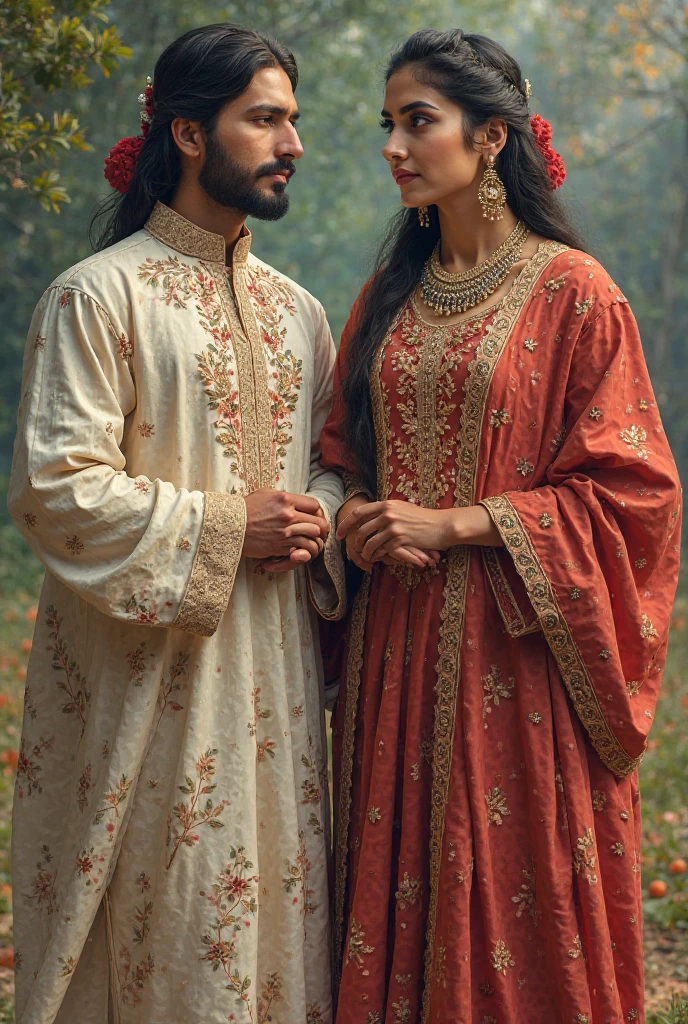 afghan couples both are in shalwar qames dress man hold rubab while women hold flowers man looking typical pathan