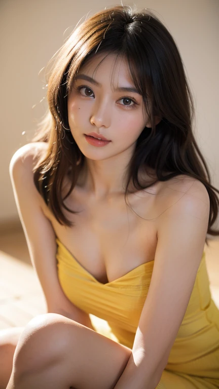 ulzzang-6500-v1.1,  (RAW photo:1.2), (Photoreal), beautiful detailed girl, (See-through:1.3), (genuine: 1.4), very detailed目と顔, beautiful and fine eyes, elegant long dress、huge file size, High resolution, very detailed, highest quality, [masterpiece:1.6], enlightenment, very detailed, nffsw, finely, highest quality, 8k wallpaper, movie lighting, 1 girl, , perfect body shape, Cute droopy eyes、beautiful big eyes、Pieck finger, ((muste piece)), highest quality, 1 girl, eye shadow, Upper body, portrait, ((full body shot:1.2))、