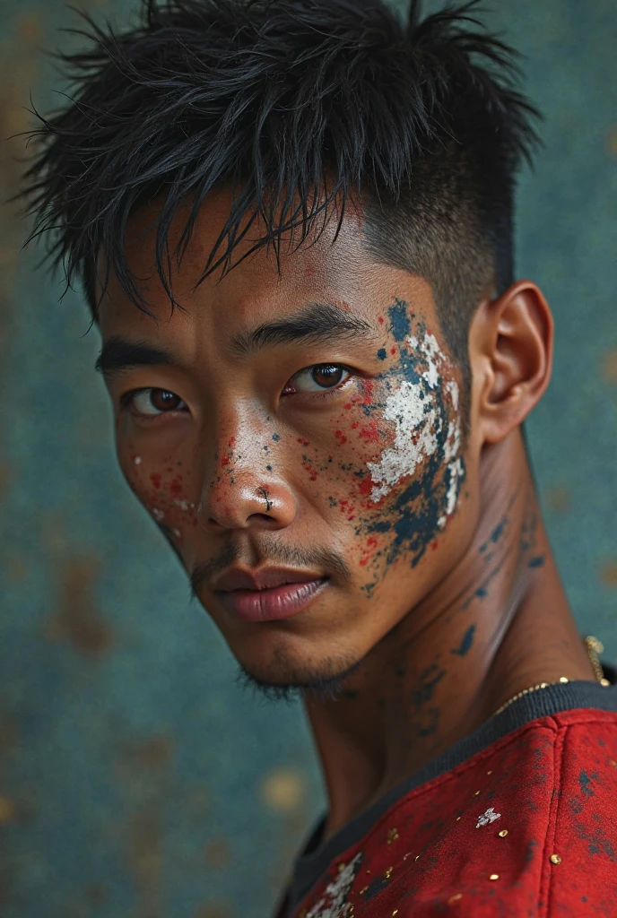 tattooed korean man, with scar on his face, expression of lust and desire on his face, Kale, with thick erect penis in a room