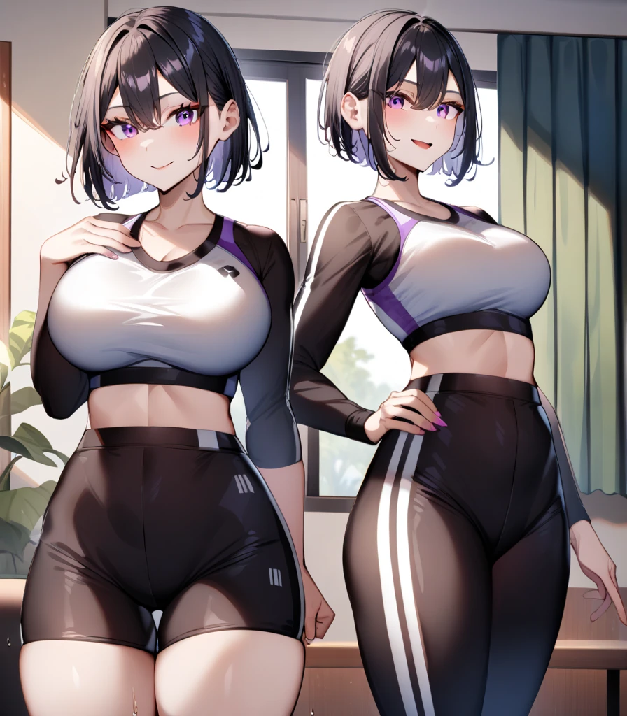 a young girl, dark purple hair, brown eyes, ponytail, medium breasts, flashy workout shorts and a sexy top, sexy pose, smile, coffee shop, lounge, relaxing