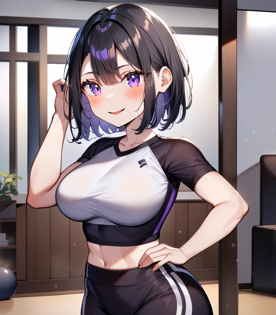 (big breasts:1.5),looking at the viewer,((masterpiece)),((highest quality)),perfect anatomy,8K UHD,highly detailed face,luster and luster,((1 girl)),((alone)),beautiful and fine eyes,perfect image,(Upper body:1.1),(look ahead:1.1),turn your arms behind your back,slim waist,shiny hair,Are standing,black hair,(dull bangs:1.1),medium hair,smile,indoors,gym,Are standing,super detailed,disorganized,