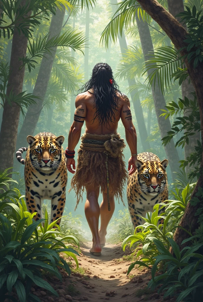 create an Indian with a bow walking with a jaguar in the forest next to him