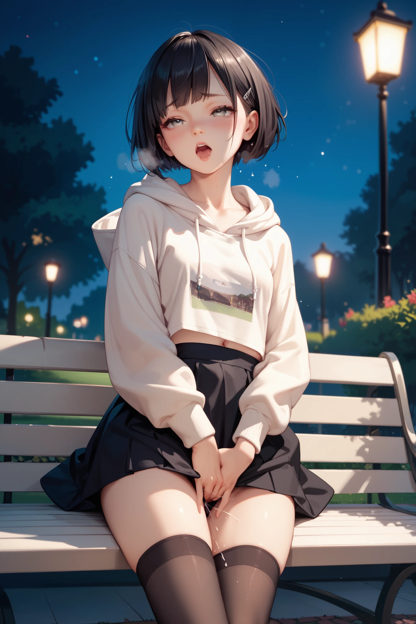  skinny girl ,  grey eyes, Black hair, short hair, wide , very small , black skirt, oversized hoodie, black stockings, Park, Night, , 