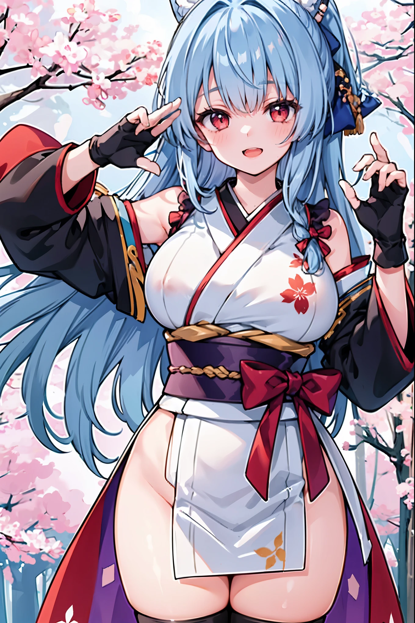 (masuter piece,Best Quality,Ultra-detailed), (A detailed face), Ba Gozen, FGO, Movie Posters, hight resolution, 1girl in, (front-facing view), (portlate), White hair, length hair, red eyes, , The upper part of the body, flat-chest, (Beautiful Detail Eye: 1.1), (Detailed hand), (Detail light: 1.1), Desportivo, Film Light, Pale skin type, Ready for Battle, Warring states period, Pike, (looking at the viewers), (magazine:1.3), (cover-style:1.3), Textured skin, Super Detail, Tarot Boundary, border, Alfonse Mucha, Dynamic streaks, locus:1.2, Dim color scheme, portraitures, Look at viewers, 独奏, (full body Esbian:0.6), A detailed face, Strong gaze, soft smiling, (onimous:1.5), (Combative kimono:1.5), bare shoulders​, sleeveless, Flowers and petals, beautiful concept illustration, (white backgrounid:0.5), (illustratio:1.1), (Very fine and beautiful:1.1), (perfect  detail:1.1), Cowboy Shots, Fate/Grand Order
