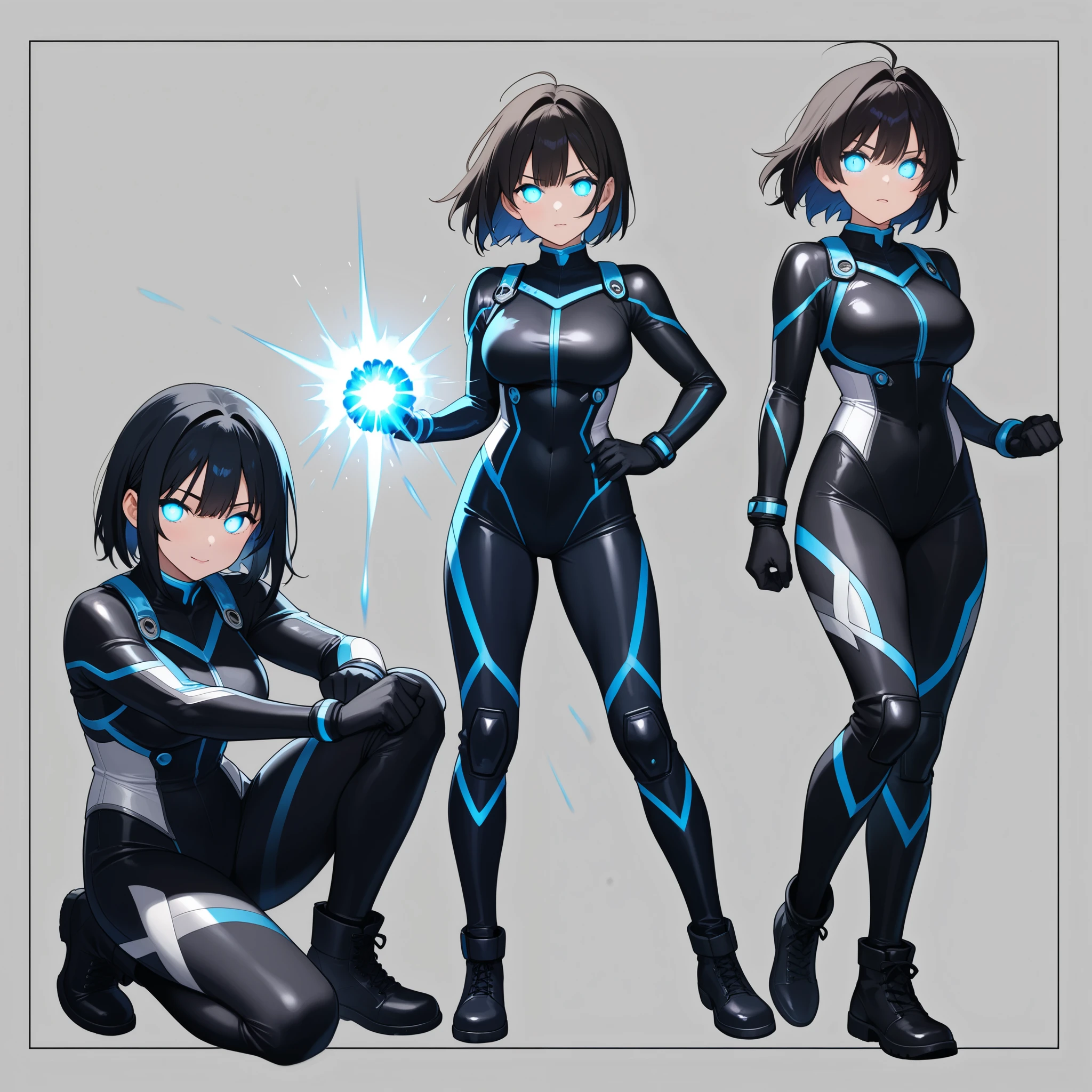 group battle、glowing eyes、motion blur、powerful energy blast、dynamic action pose、adult woman、black hair、short、White、Rider Suit、high leg、 Martial Arts、kick、battle、Fighting、effect、front、no highlights、looking at viewer、 beautiful feet、no expression、 dark、Villain、Blue Line、is tall、adults、aldult、boots、thigh、