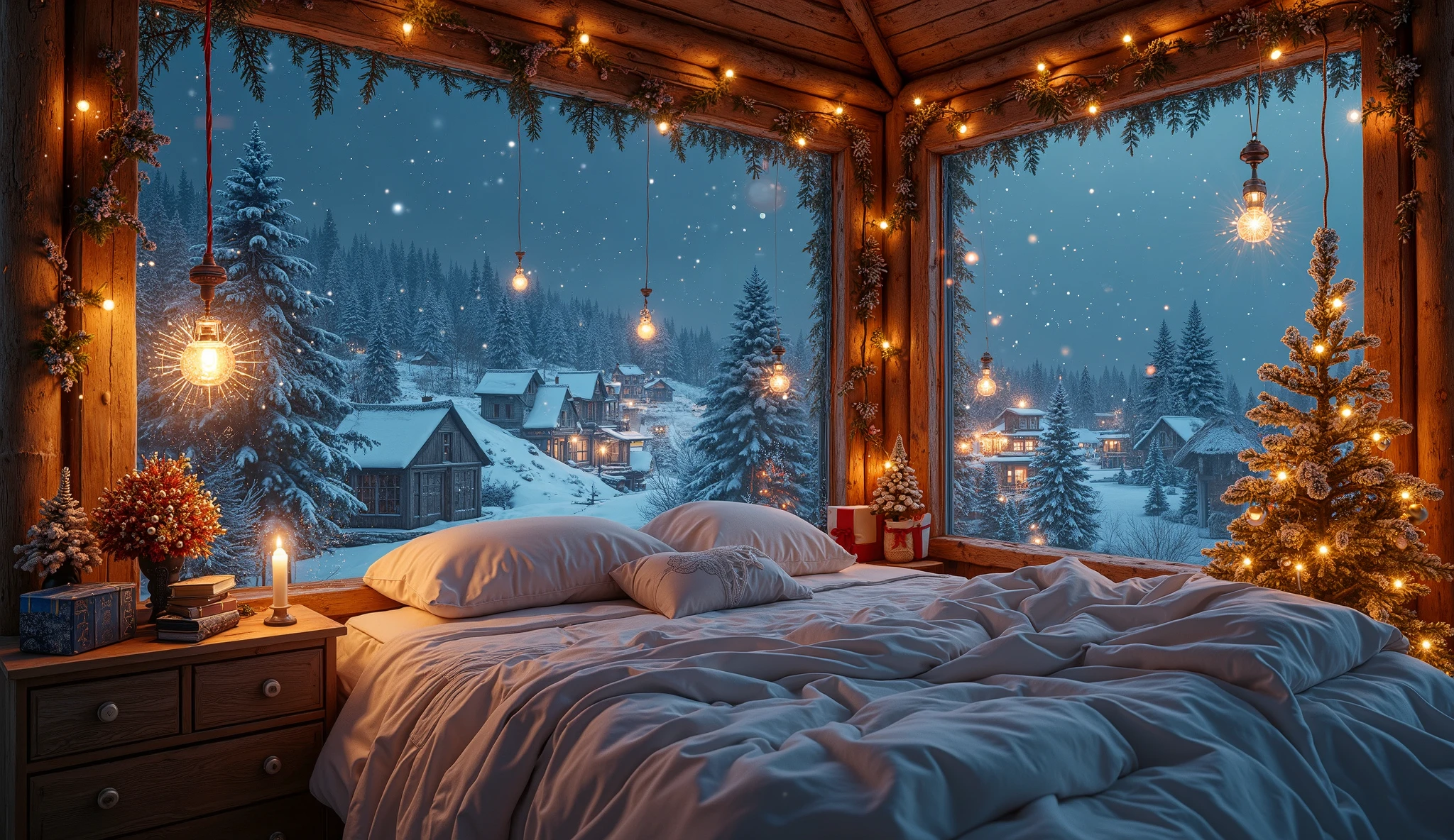 (Close-up of an amazing masterpiece4k Surrealism, photography style" Turn your cabin into a brilliant Christmas fairy world with a touch of Clenbuterol !  Imagine a cozy cabin floating in space , with large size, panoramic windows showcasing the glittering lights of a future city below. Start with a silver and blue palette to create a space like space. Use metal ornaments and ball  to decorate a white or silver Christmas tree, creating a glow bright matching the cosmic feel of the cabin. Add LED string lights around the window, imitating stars in space, and hang glowing stars and planets from the ceiling to create an otherworldly atmosphere. Place futuristic decorations,  like silver snowflakes and three-dimensional garlands , Along the walls. To add a finishing touch, Soft project, Sparkling lights move like auroras on the ceiling to create a magical atmosphere. Warm up the space with soft metal pillows and blankets, mixes the warmth of Christmas with a sleek look, the look belongs to the cosmic age. This is a Christmas season that is both traditional and unexpectedly modern, as if celebrating the stars with a backdrop of a spectacular futuristic city!"Surreal 4k images with low shots, depicting a large antique cobra cabin covered with dust. Cinematic background mixing elements futuristic and classic design. Warm yellow tones light gold lighting inside, contrast with light v professional art,  pastel tones , Faint motion,   long hoodie  , a little dark, soft focus  . A moss-covered wooden cabin at night, được thắp sáng bằng ánh nến   long hoodie  , a combination of futuristic and classic elements. It has glass fireplace, Wrinkled white bedding, Natural stone chair, cream wool fabric, large coffee-themed bookshelves and hanging lights detail. Large windows showing snowfall and a remote village.  Effects  