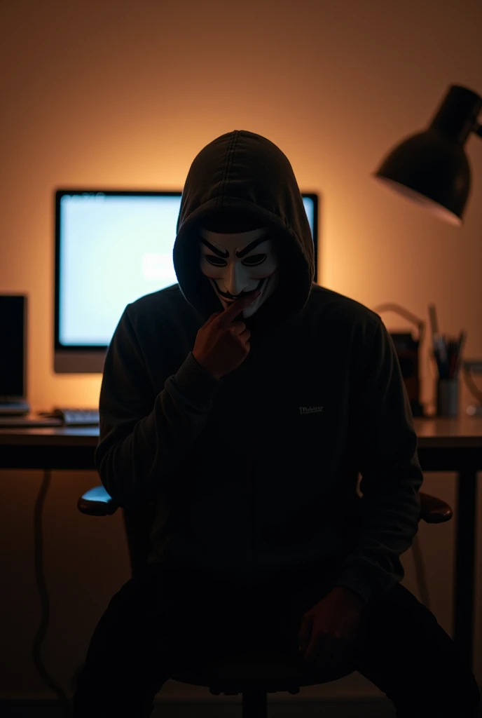 It's a hooded burly man sitting using his hacker computer wearing a V for Vendetta mask with red eyes with black pupils with cat ears