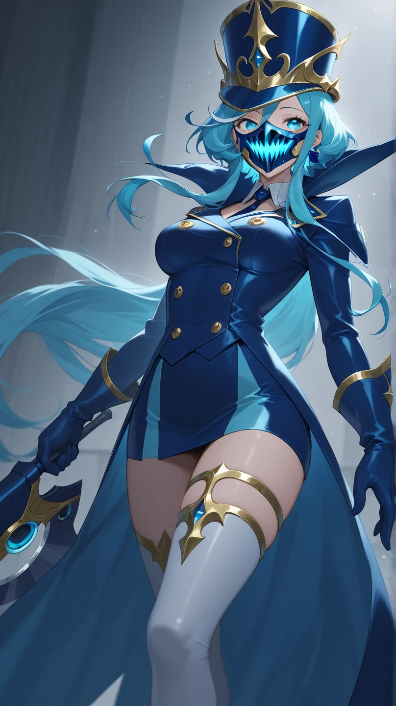 masterpiece, best quality, 1girl, solo, Lucina \(fire emblem\), short blue hair with black highlights, blue eyes, detailed eyes, detailed pupils, marked eyelashes, mascara, shiny black lipstick, bold eyebrows, black eyeshadow, detailed hair, cleavage, large breasts, pale skin, gothic appearance, standing, darkmage, bodystocking, mature female, wide hips, black painted nails, both hands glowing bright blue, blue magic, bright blue sparks in both hands, fantasy, fortress, darkness, dark, night, night sky, moon