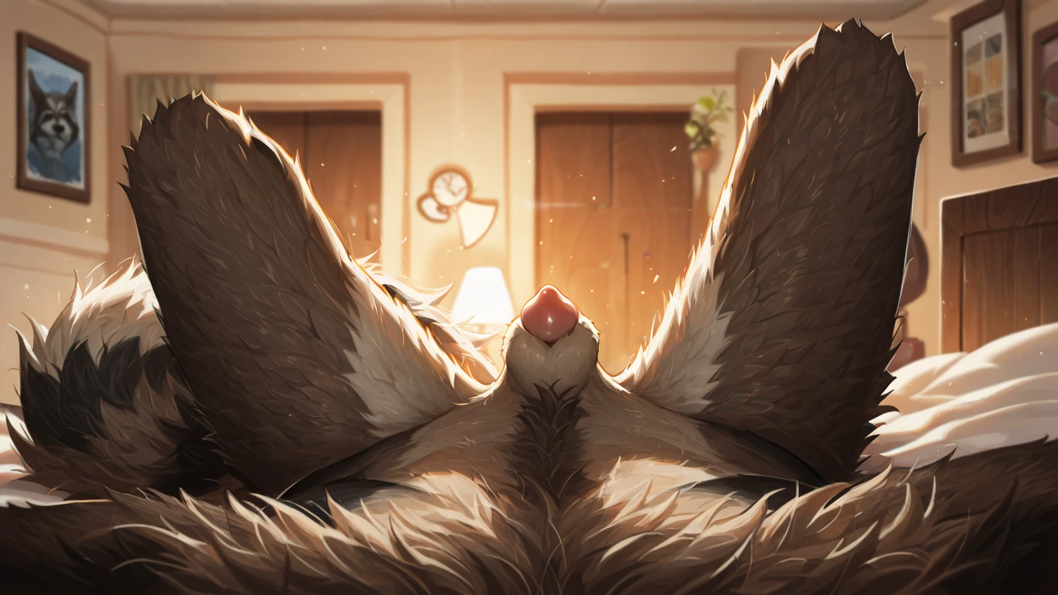 feral, A female gryphon with wings lies on the bed with her hind legs spread apart and shows her big canine pussy and anus, (beak), grins, digital art, stunning intricate detail, photorealistic, 4K, trending on artstation