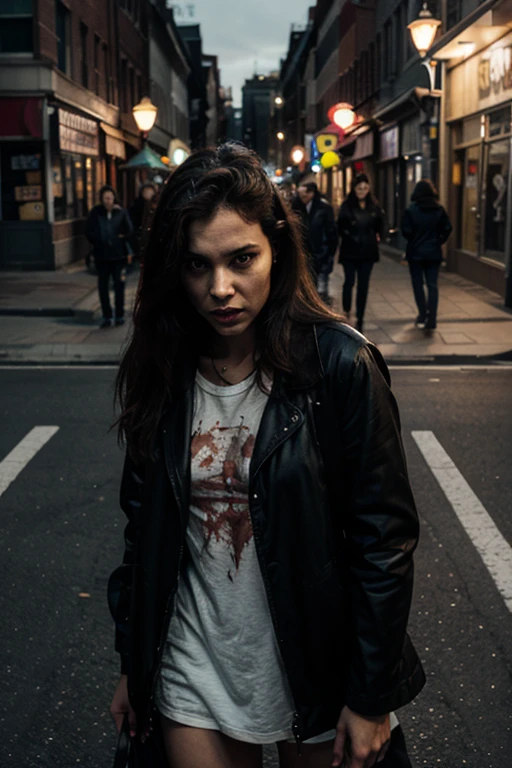 Render a realistic, head-on image of a hot tanned terrified woman, dressed in a full white t-shirt soaked with blood with a unzipped black leather jacket. Blood should be spattered across her entire face and down her body vividly. The backdrop should be dark with minimal sci-fi elements, ensuring clarity for text overlay while capturing the ominous atmosphere of the Star Wars universe