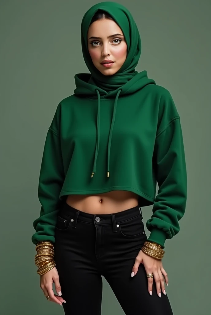 RAW, Best quality, high resolution, masterpiece: 1.3, beautiful Malay woman in hijab, big gorgeous eyes, beutifull face, perfect face, smiling, woman in a green shirt and black pants holding up a cell phone, olive green, army girl outfit, with beautiful colors, skinny waist and thick hips, green clothes, wearing tight simple clothes, her wardrobe is attractive, stood in a supermarket, shopping groceries, green tunic, hijab, women full body, with lovely look, casual pose