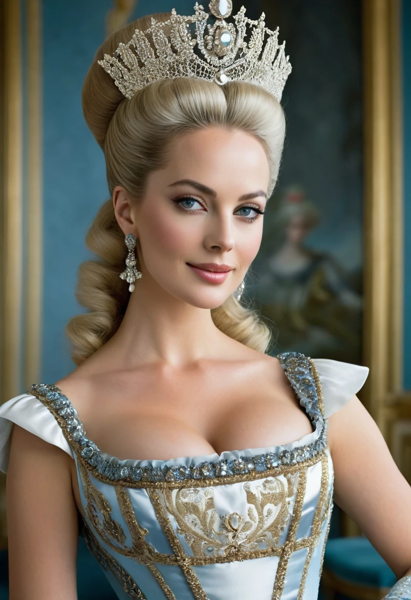 Close up shot , looking at viewer, Russian girl, 18 age old, (Blond hair, middle hair , wince, Gray eyes, beautiful lip, serious), gold crescent earrings, gold neckless, (big breasts, slender whist, wide hip, real public hair) ,(Rococo 18the century dress) ,in Palace, in Moskva, textured skin , HI detailed skin, (foreshortening, Canon, UHD, anatomically correct, super detail, high details, highness, big breasts,smiling,full body ,
