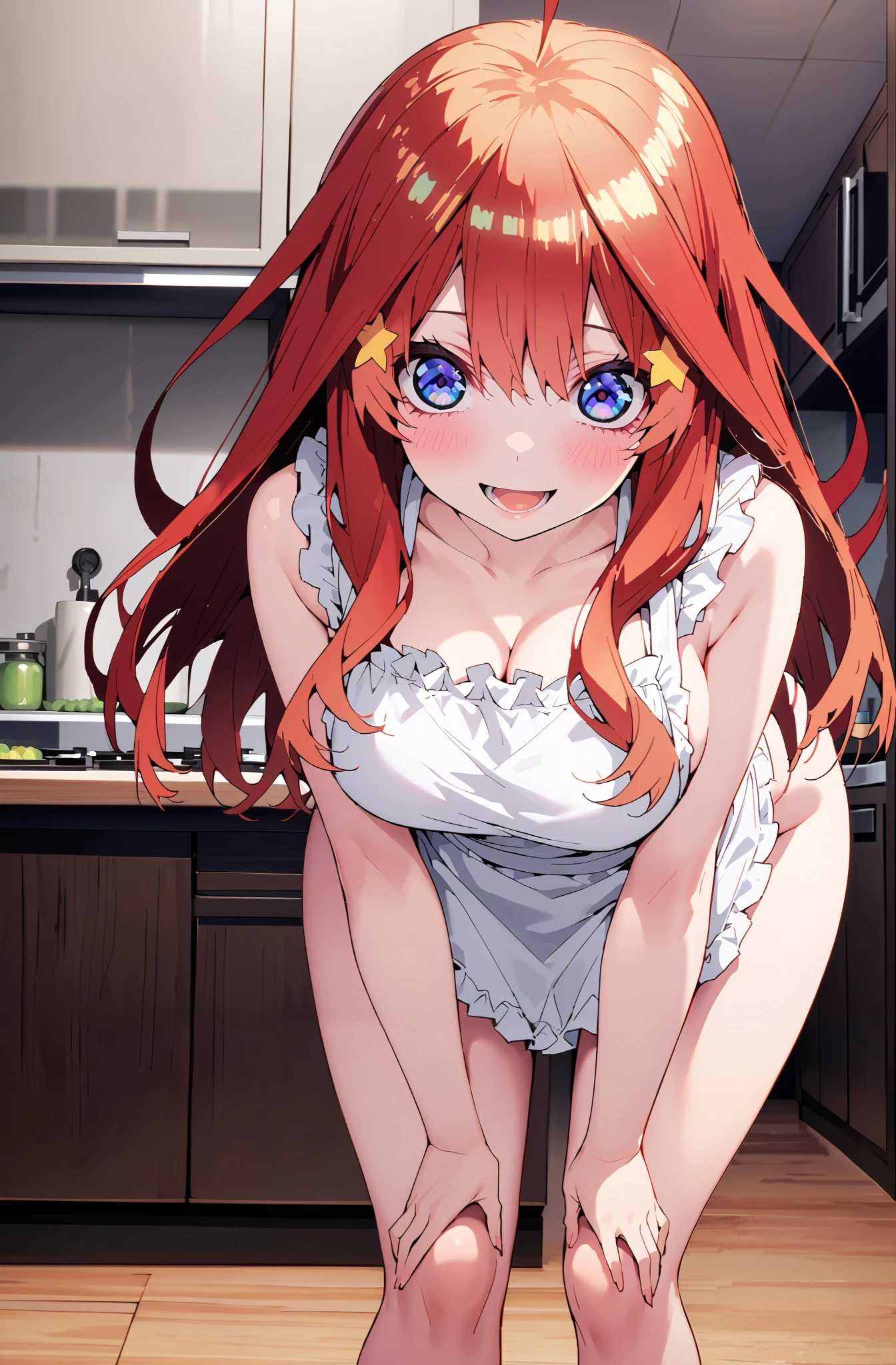 Nakano Mizuki , long hair, blue eyes, hair ornament, red hair,stupid hair, star ( symbol ), star hair ornament,Big Breasts, The Valley of the Chest,smile,cover,open your mouth,is embarrassing,naked apron,Bare legs,bending forward,lift your chest with both hands,Beautiful cityscape,Beautiful Scenery,is standing,full bodyがillustrationに入るように,break indoors,kitchen,
break looking at viewer,full body,
break (masterpiece:1.2), best quality, high resolution, Unity 8k Wallpaper, (illustration:0.8), (beautiful detailed eyes:1.6), Highly Detailed Face, so that it fits into the illustration, extremely detailed CG, (curved body, perfect anatomy from a shellfish),