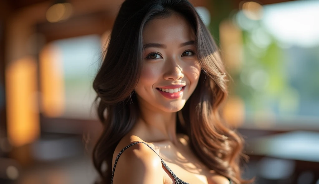 a gorgeous busty woman, ponytail, topless, lingerie, beautiful smile, beautiful detailed teeth, pov, lover, cinematic dramatic lighting, (best quality,4k,8k,highres,masterpiece:1.2),ultra-detailed,(realistic,photorealistic,photo-realistic:1.37),HDR,UHD,studio lighting,ultra-fine painting,sharp focus,physically-based rendering,extreme detail description,professional,vivid colors,bokeh,portrait,photorealistic,cinematic