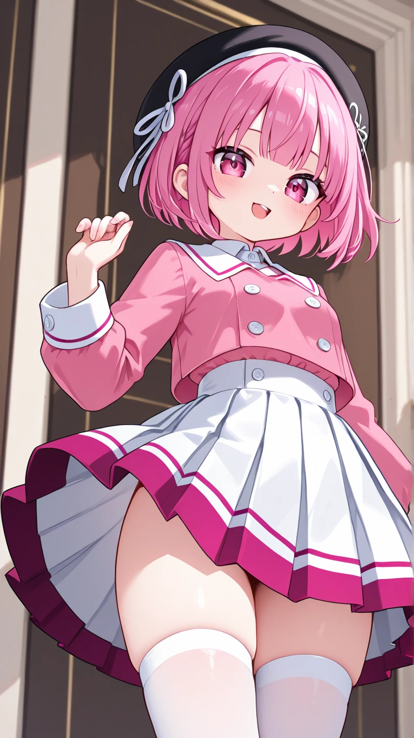 young girl,Pink School Uniform,The skirt is very short,pink hair color,double teeth,No panties,Pussy