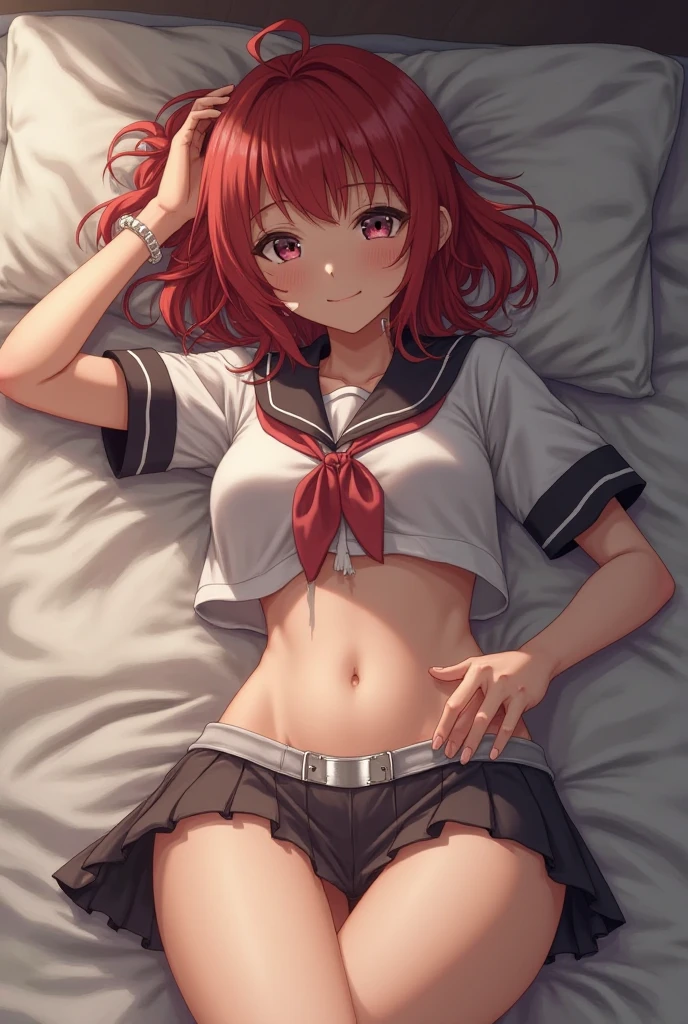 tmasterpiece, Best quality at best, astolfo, 1boys, Alone, Sam, black the bow, Be red in the face, the bow, (convex:1.4), Crop top, Cross-dressing, hair intakes, long whitr hair, back to look back, lie, malefocus, Colorful hair, On the stomach, otokonoko, pantiess, with pink hair, pink a skirt, pleated a skirt, a purple eye, 校服, Sefuku, a skirt, Alone, Striped hair, There are striped ones, There are striped ones pantiess, underdressing