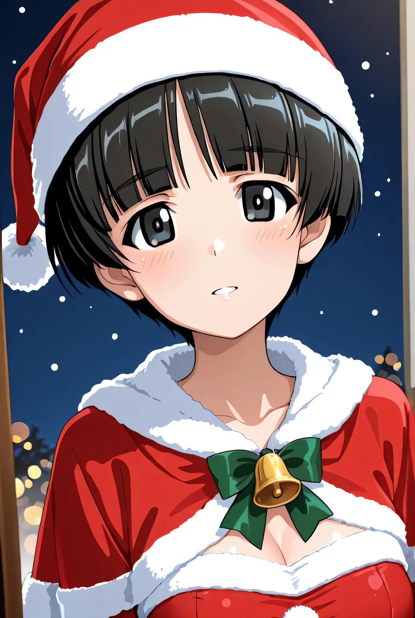 konparu nozomi \(girls und panzer\),bangs,black eyes,black hair,blunt bangs,eyebrows visible through hair,short hair,santa costume,1girl,solo,