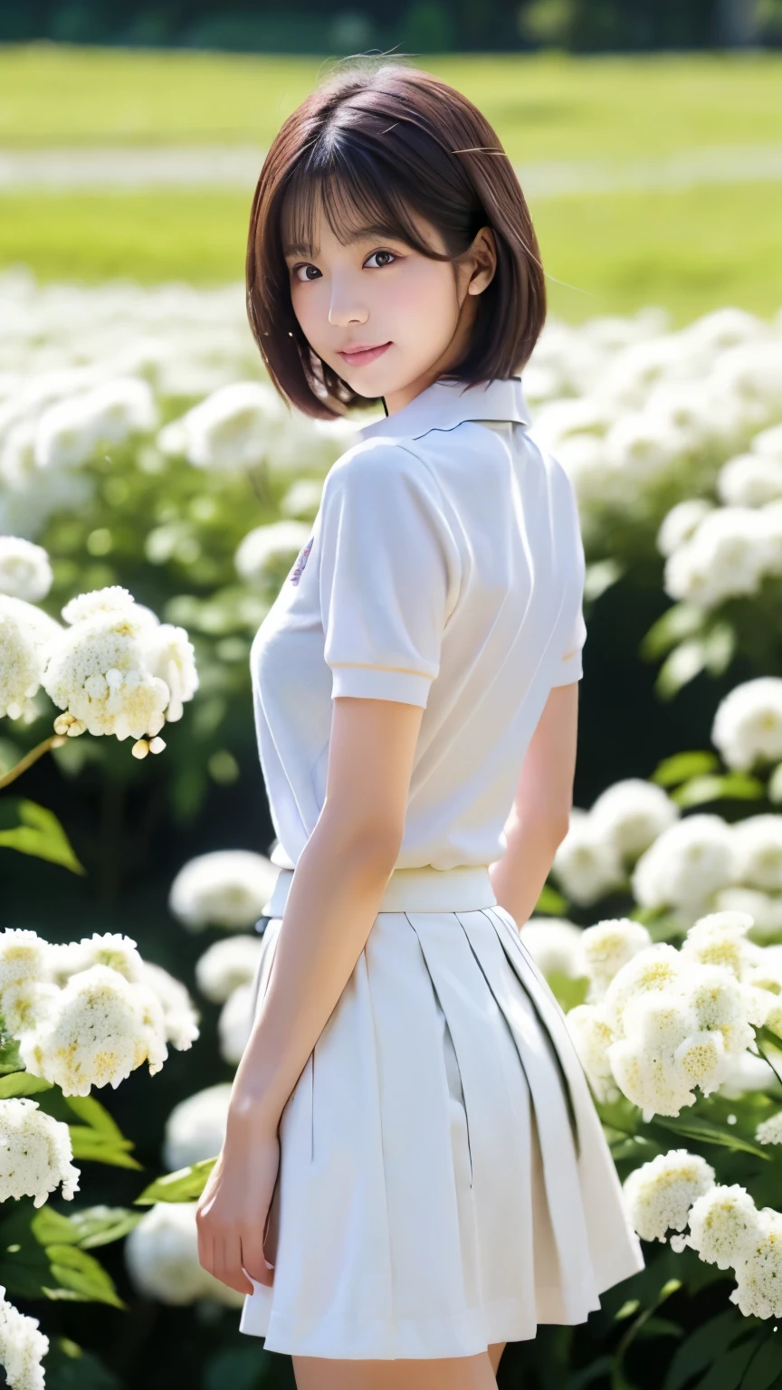 (8k、RAW photo、best quality)、(realistic、photorealistic:1.3)、beautiful and detailed face that makes me crazy、Detailed texture of face、 fine and beautiful skin、skin texture with eyes facing directly above、super A high resolution、 full body shot 、 Beautiful and slim legs 、shortcuts for white doors、美しいJapanese woman、美しい young女性と、、Japanese woman、Beautiful Girl、 young、 adorable by design、Ulzzang、Cute girl face、 portrait of a Japanese female idol 、very pretty girl、(I'm wearing a plain white polo shirt and skirt、A field of white flowers on one side、facing the front、nsfw:1.3)、Clear skies, slender,