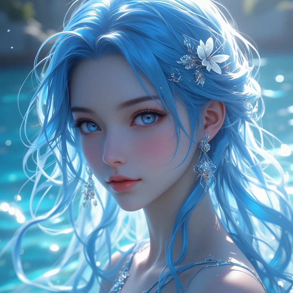 a beautiful young woman in a shiny aquamarine high-cut swimsuit, detailed facial features, beautiful eyes and lips, long eyelashes, dynamic pose, perfect composition, hyper realistic digital painting, masterpiece, by Jose Royo, dramatic lighting, intricate details, vivid colors, photorealistic, 8k, best quality