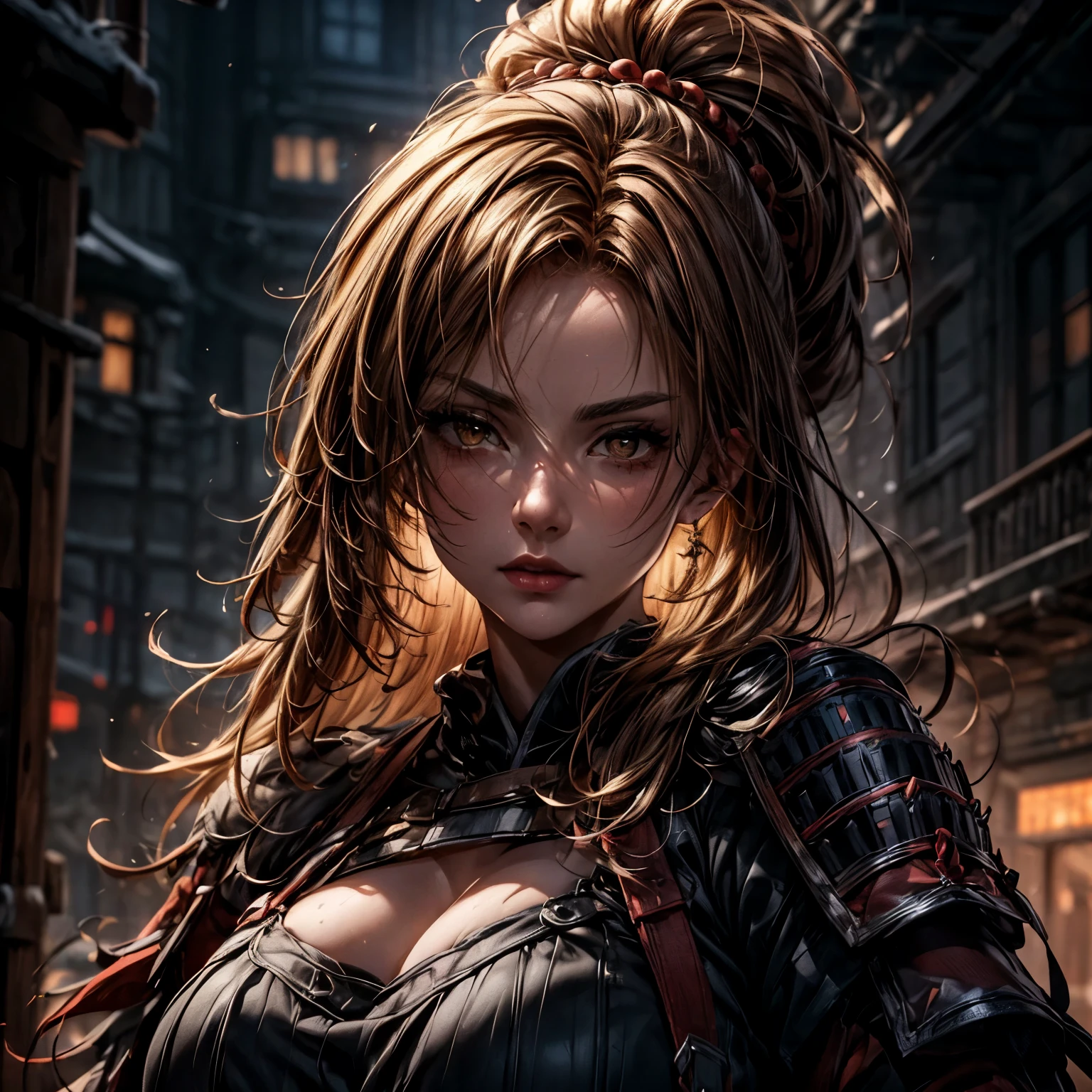 8k, realistic, vray, HDR, 1girl, medium breasts, (long brown hair loose), (straight hair with bangs), ((red eye color):1.4), portrait