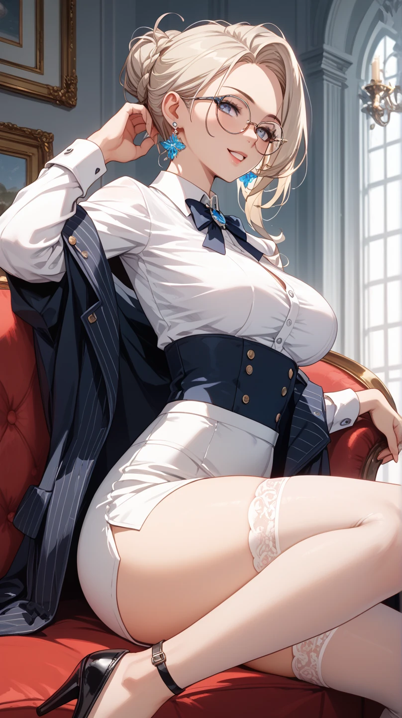 a handsome young man, in a nice looking suit, sitting on a chair with two beautiful woman with big breast in black lingerie posing i front of him