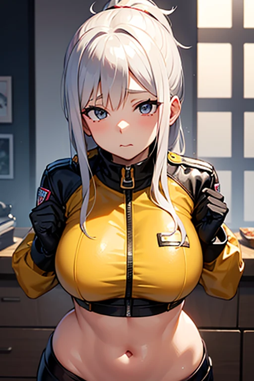 Shot from below, Standing with your legs apart, Standing with feet shoulder-width apart, Cute girl, highest quality, Ultra-High resolution, Highly detailed CG, 8k unit wallpaper, 18-year-old, Careful and gentle eyes, Delicate and beautiful smile, Platinum Blonde Hair, Asymmetrical Hair, (((Dark Skin:1.5))), (Shiny body,:1.5), rabbit ears, (((loose socks, big breasts))), (Orange motocross jacket with green details, Biker clothes. Detailed design), Double Peace