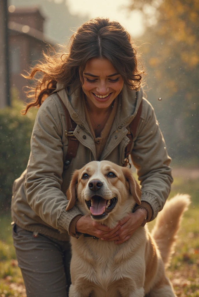 A kind woman rushing to the dog's side, gently holding it while tears well up in her eyes