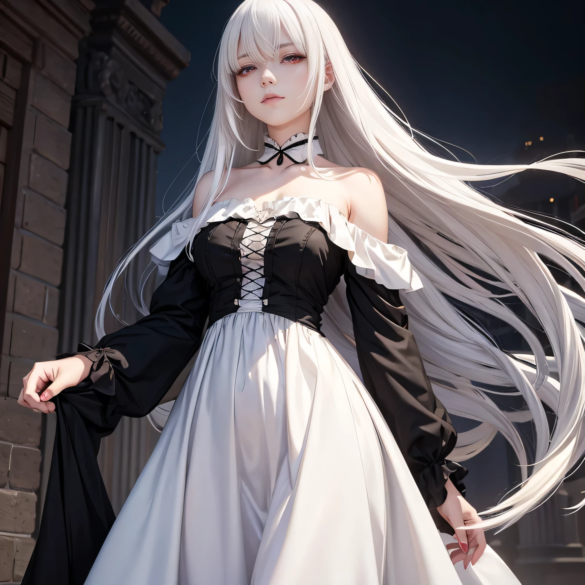 woman, anime style, realistic, white hair, bangs, long straight hair, victorian dress, black dress, off shoulder dress, red eyes, empty eyes, no emotion, no smile, no makeup