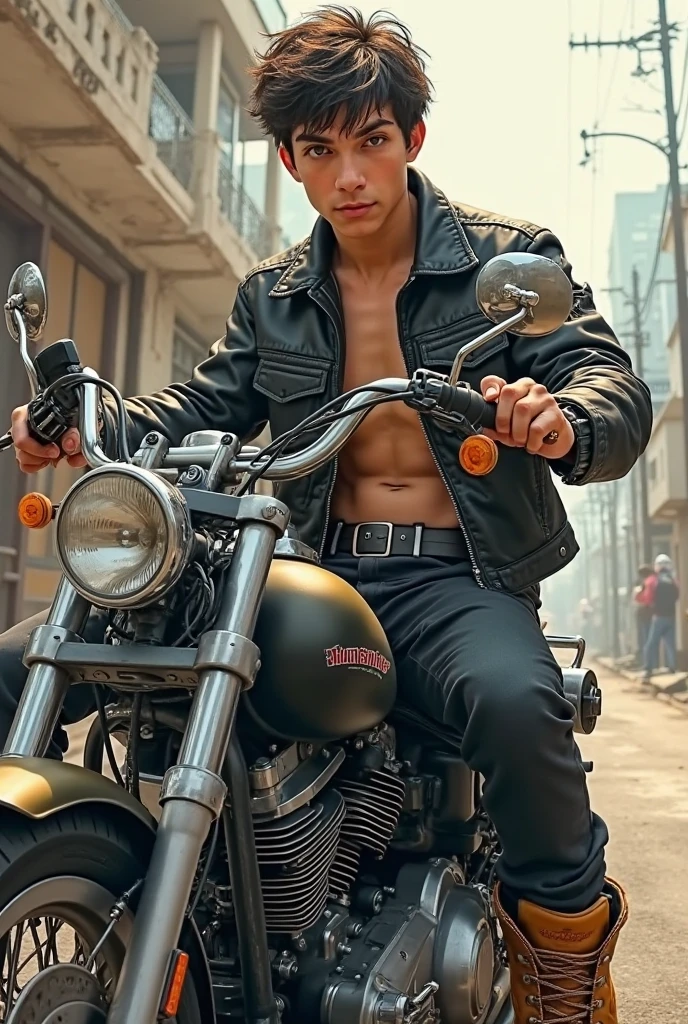 HD quality, high definition,male 18 years old handsome, muscular and slim, red lips, leaning against a motorcycle naked ((exposed Vagina)),  model with bracelets, earrings and Necklace, wearing head band and sunglasses, open sweater