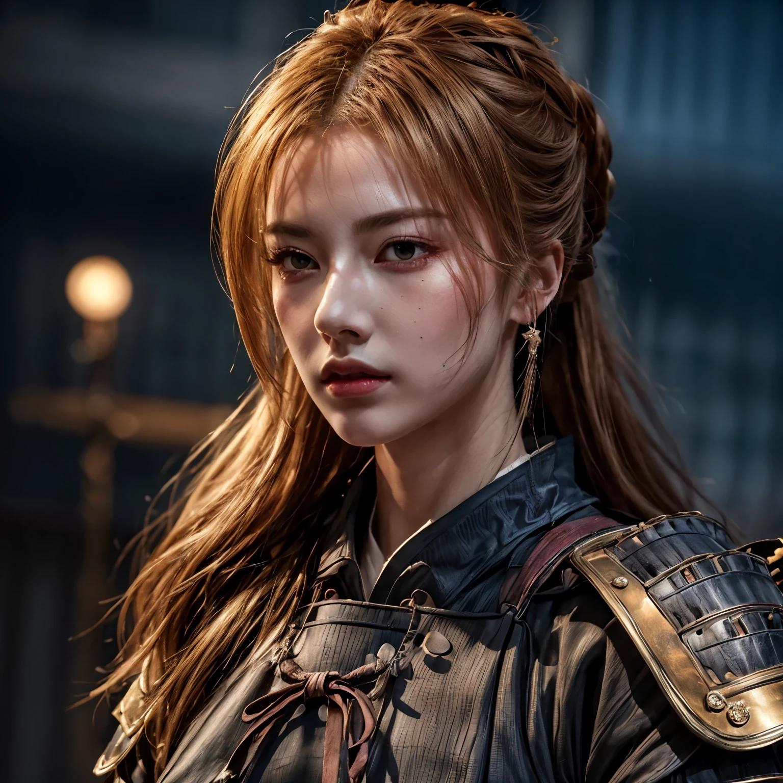 ((extreme quality)), ((Masterpiece)), ((Enrich the picture，Masterpiece level quality)), golden hair, high ponytail, very big breasts, golden eyes, fierce woman, ultra eyes details, RAW 4K, Realistically , ( cinematic lighting, moody, textile shading), perfect proportions, ultra detailed, volumetric lighting, soft lighting, glossy skin, beautiful face, Special face details, strong emotions, elegant gesture, Detailed facial features, Long eyelashes, contrast, Incredible atmosphere, Fascinating setting, Haunting beauty ,  samurai armor , upper_body,