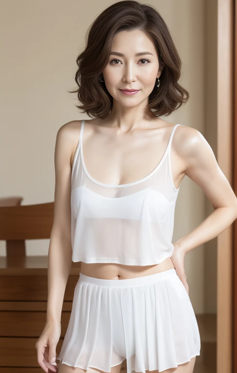 50-year-old woman、Bright smile、Sexy、The arm is out、sexy、Plain background、Background white、Clothes that expose a lot of skin、Hair length: bob、Black camisole、lingerie