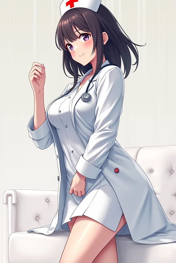 Nsfw. Anime gynecologist girl, with long black latex gloves, instruments, exam patients vagina, patient horny girl