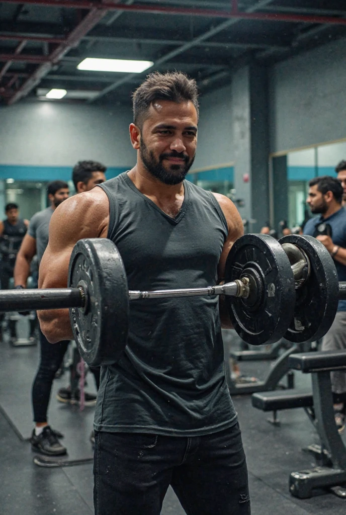 Create a super realistic image of a 22 year old man
black in color with the following characteristics:
"Short jet black hair, dark black eyes, black skin, neat beard, beautiful face
hoop earrings, muscular, fit and tattooed body.
He has big dark black eyes, muscular and sculpted body with tattoos. He attends a modern, bright gym and works as a personal trainer.
The background must be blurred with an accentuated Bokeh effect."
