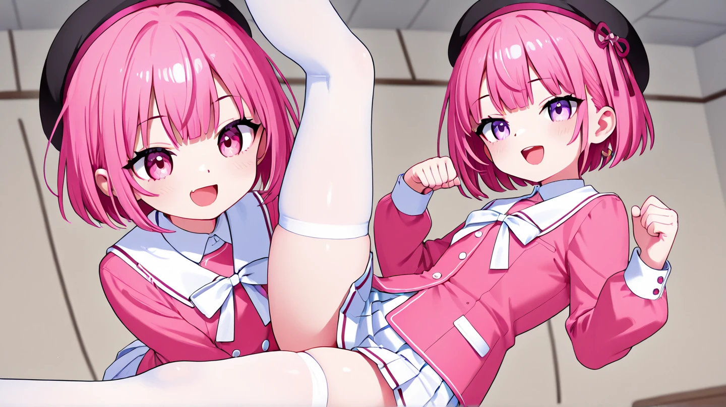 (Perfect body),highest quality,16k,(Browsing Caution)、Anime Screen Capture、((blush)),(short hair), (((Orange eyes))),Thick and tight,((((Pink Hair)))),Sweat,(((sex、Sex with a middle-aged man、bukkake、Swollen nipples、Hands behind head、Both armpits))),Crouching、Spreading her legs,((((Wavy Hair)))),Ahoge,Valletta,(((White leotard))),(((Pink ruffled mini skirt))),(((Light blue striped panties))),(White knee socks),(White gloves),((Panty shot)),The wind blows up my skirt、Big Ass,Flat Chest、blush、Looking at the audience,((( He is short))),((:d)),(((Put the headset on your head))),(surprise),(From below),((Idol)),((1 girl)),(((Pink bow tie)))