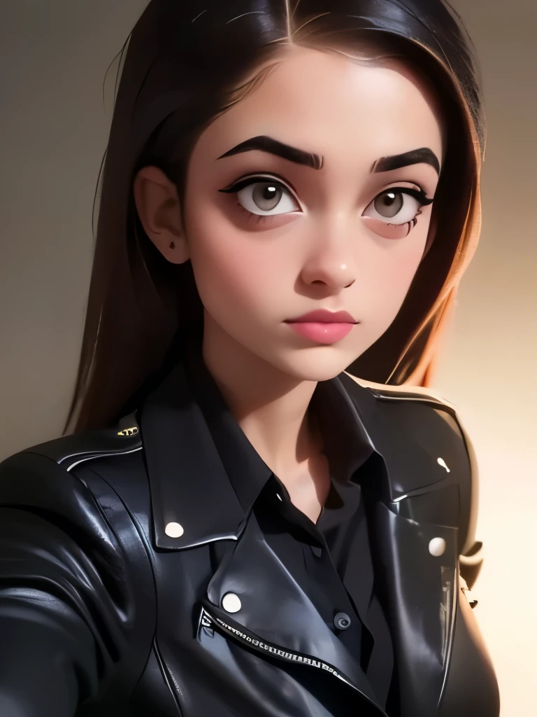 Brown short hair,black shirt,cleavage, navel, sexy